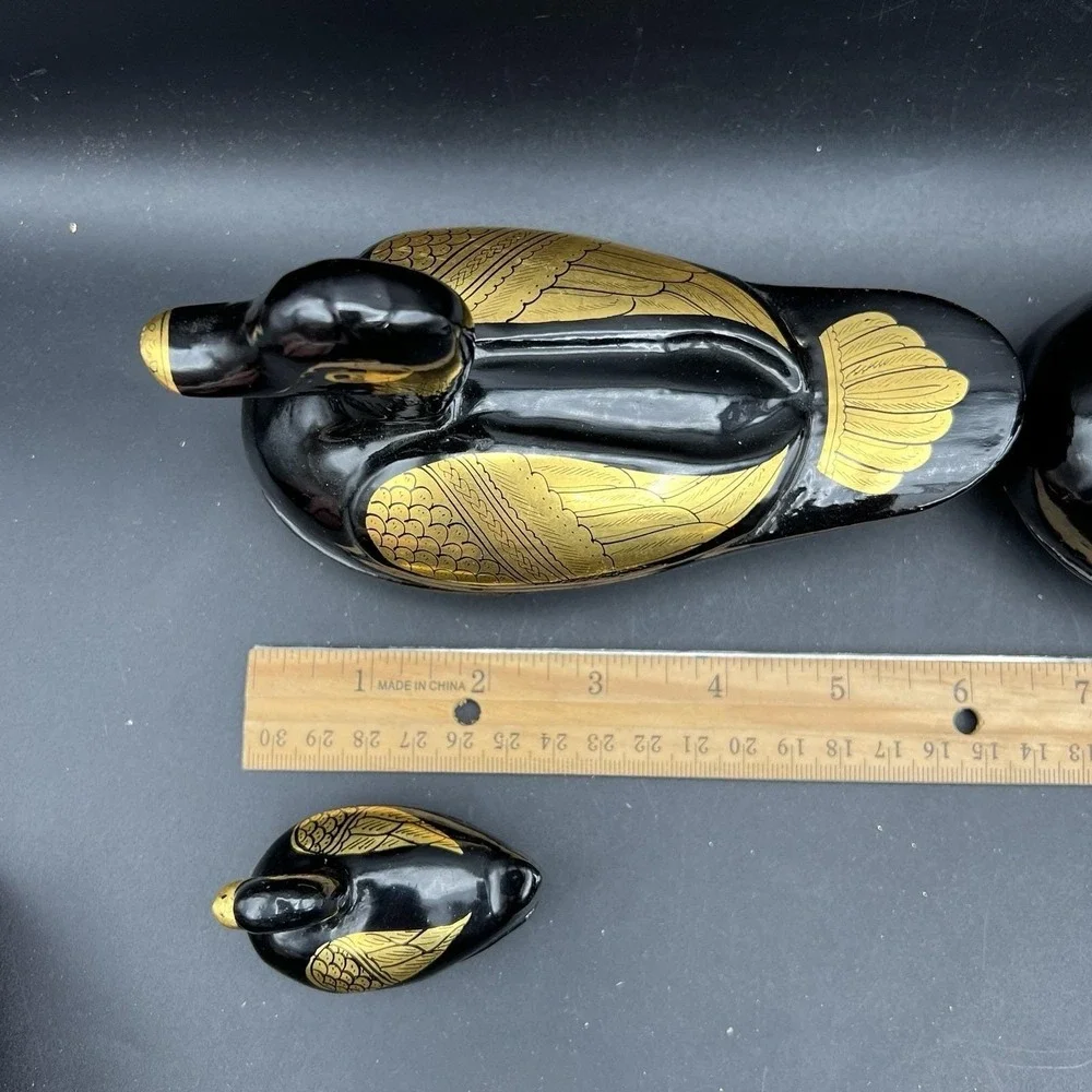 Vintage Black And Gold Gilded Lacquered Duck Wood Trinket Box Set Family Of 3